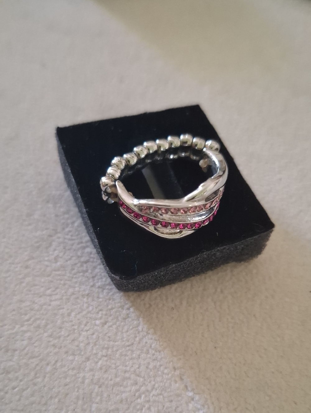 Silver Tone Pink Crystal Stack Ring